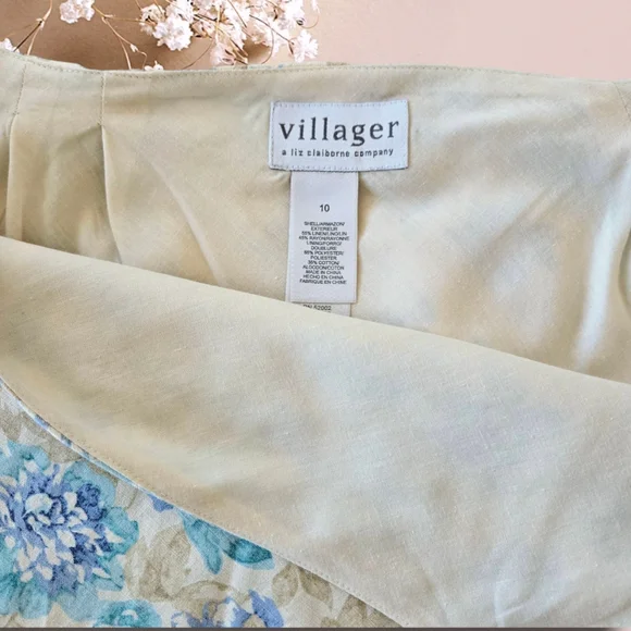 Linen Skirt, Pale Gold & Blue Floral Midi, Shabby Casual Cottagecore Coquette - Picture 4 of 10